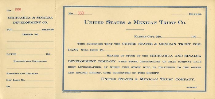 United States and Mexican Trust - Unissued - Stock Certificate